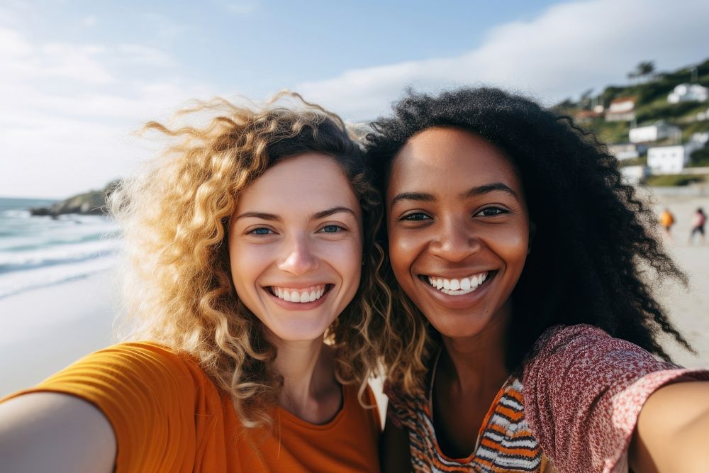 2 women friends selfie laughing portrait.