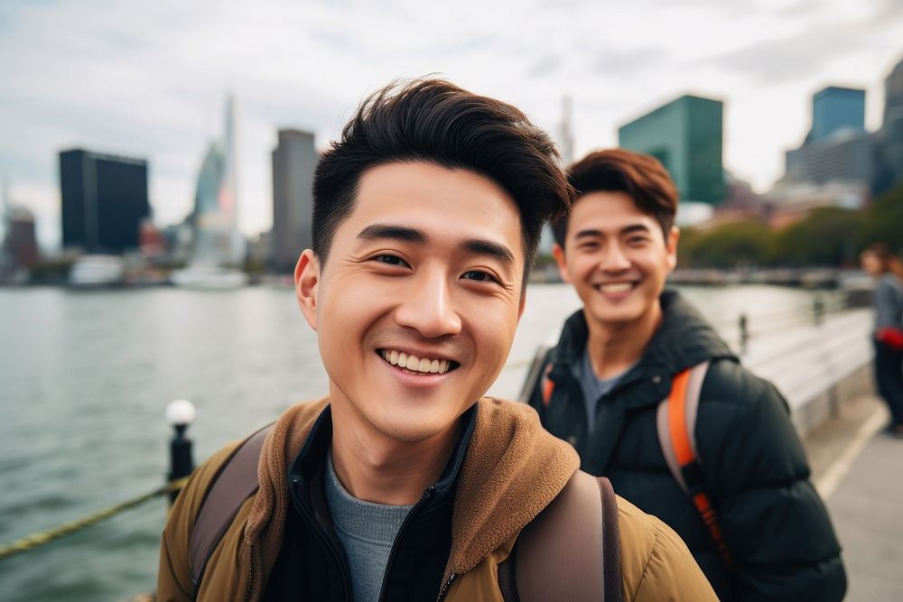 2 men asian friends portrait headshot selfie.