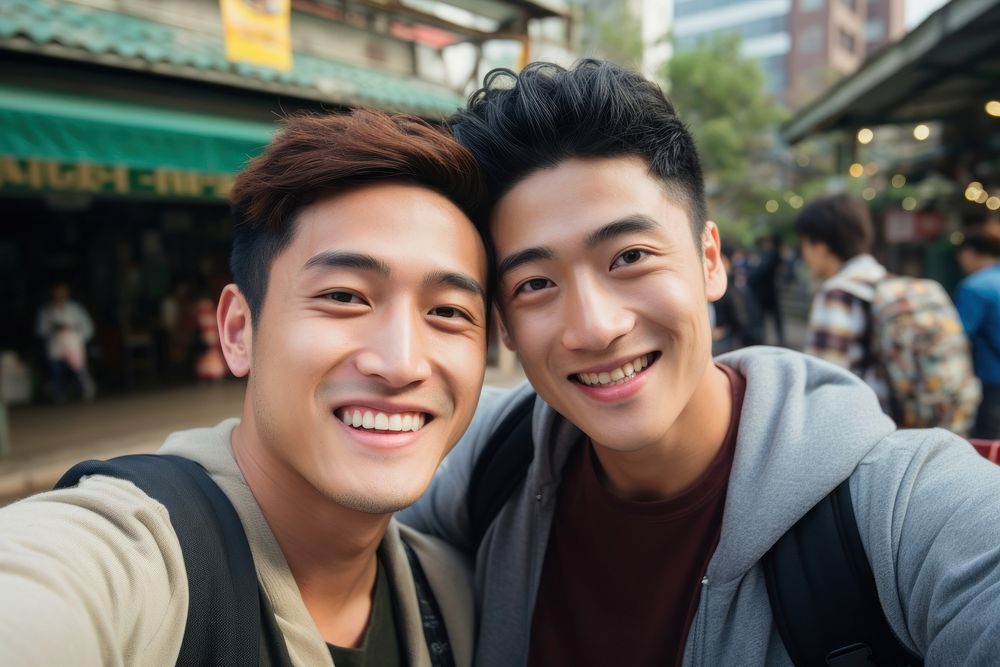 2 men asian friends portrait selfie headshot.
