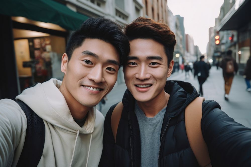 2 men asian friends selfie portrait headshot.