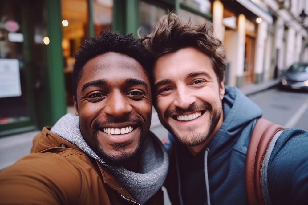 2 men friends selfie laughing portrait.