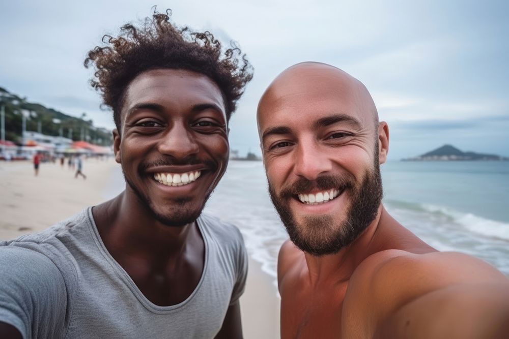 2 men friends selfie portrait headshot.