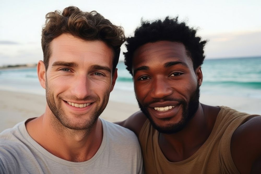 2 men friends portrait beach headshot.