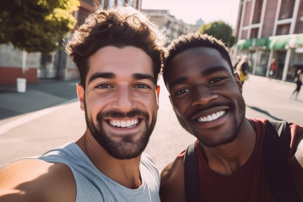 2 men friends portrait selfie laughing.