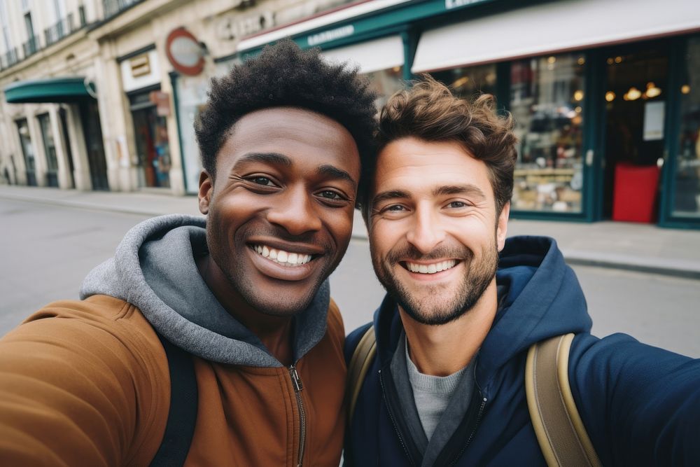 2 men friends portrait selfie headshot.