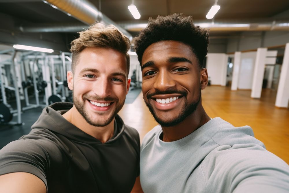 2 men friends selfie portrait smile.