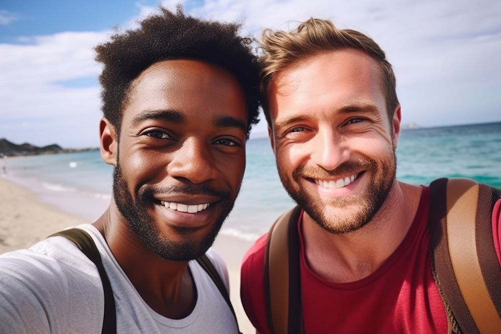 2 men friends portrait selfie beach.