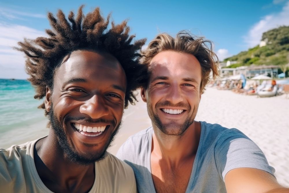 2 men friends selfie laughing portrait.