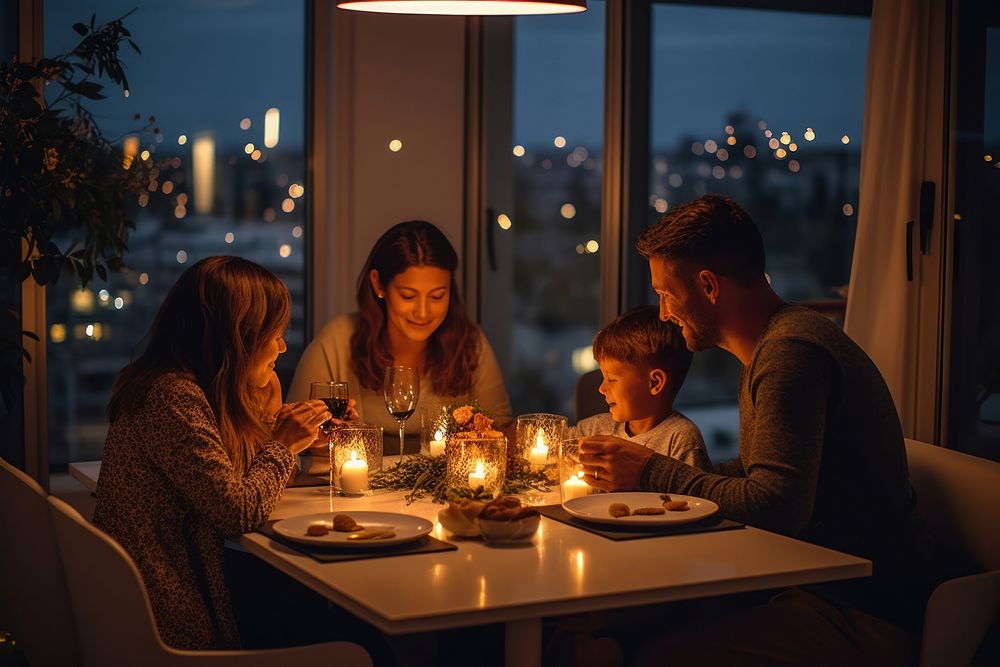 Family having dinner architecture furniture candle.