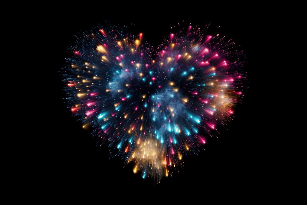 Fireworks colorful heart shape night illuminated celebration.