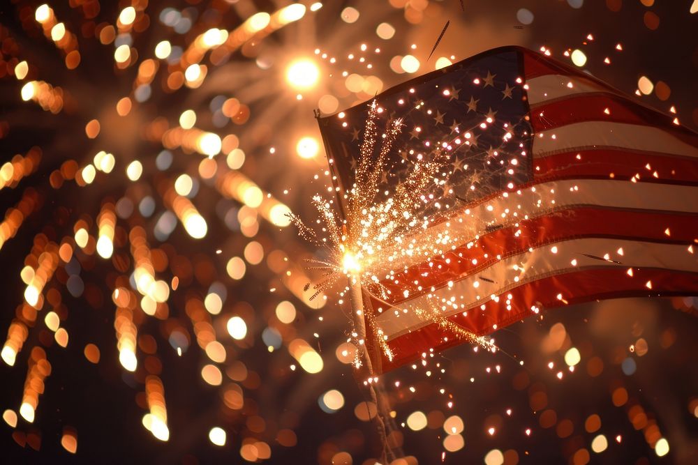 Fireworks on 4th july flag illuminated celebration.