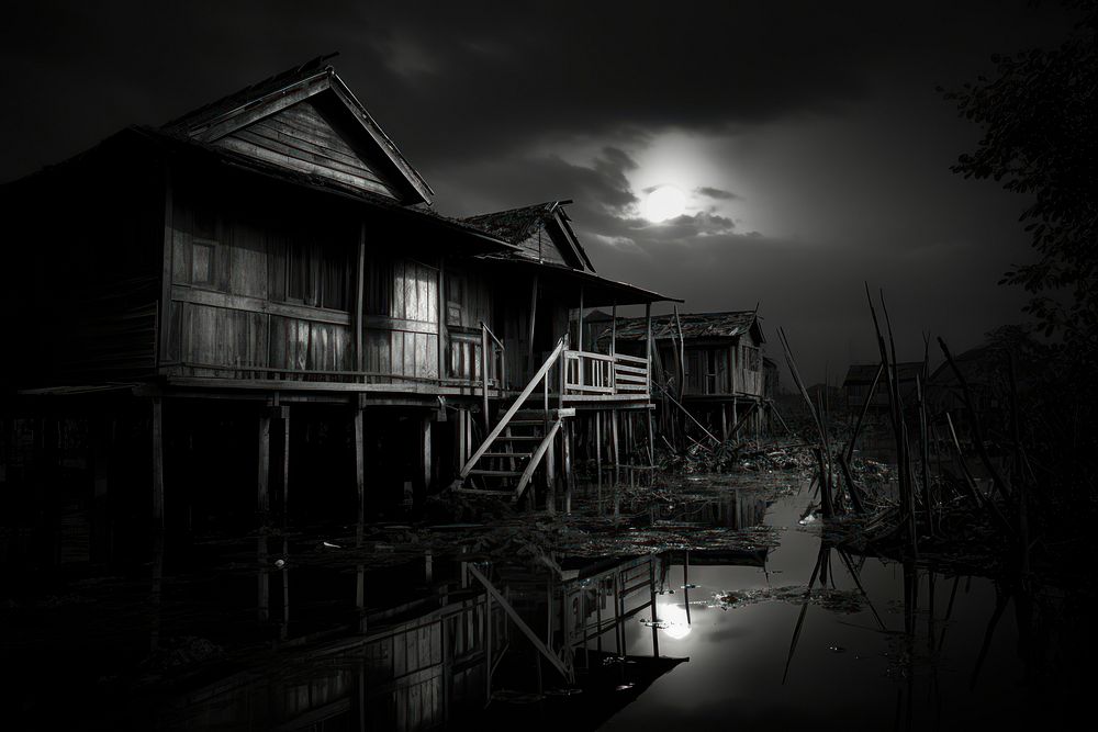 Folk house in Thailand riverside night architecture building.