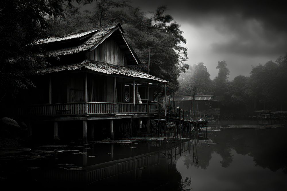 Folk house in Thailand riverside architecture building darkness.