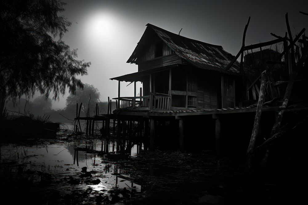 Folk house in Thailand riverside night architecture darkness.