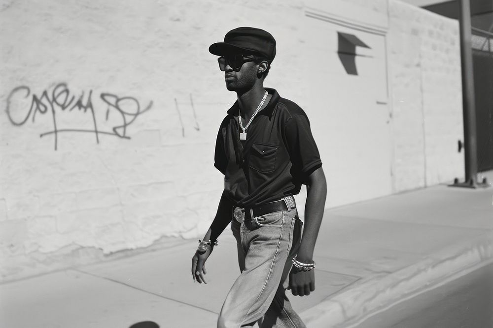Black man Rapper sunglasses portrait walking.