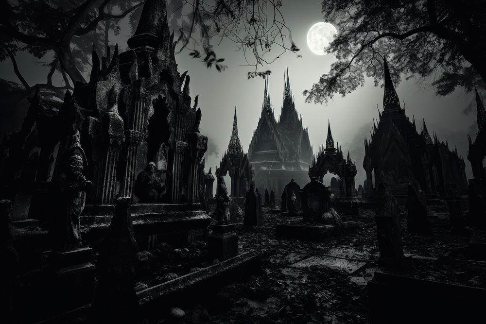 Graveyard in Thai temple night outdoors black.