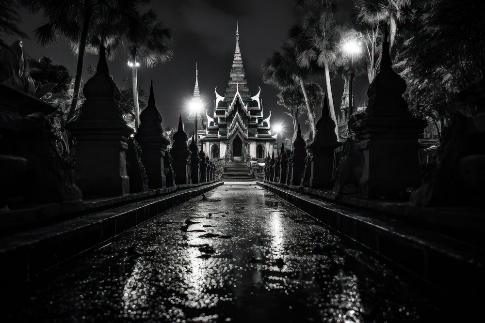 Graveyard in Thai temple night black spirituality.