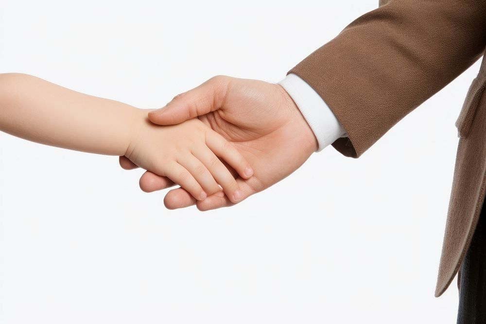 Holding kid hands handshake white background togetherness.