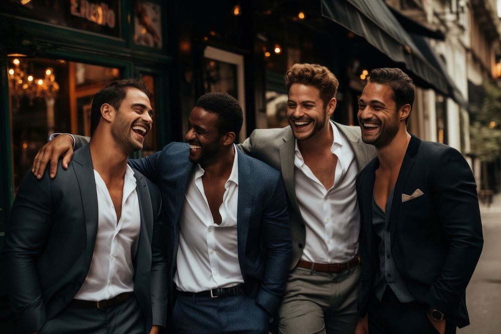 Men friends laughing adult happy.