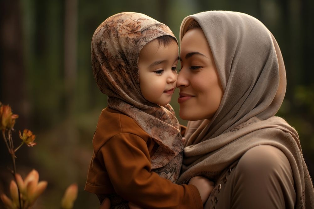 Muslim mother outdoors toddler kissing.