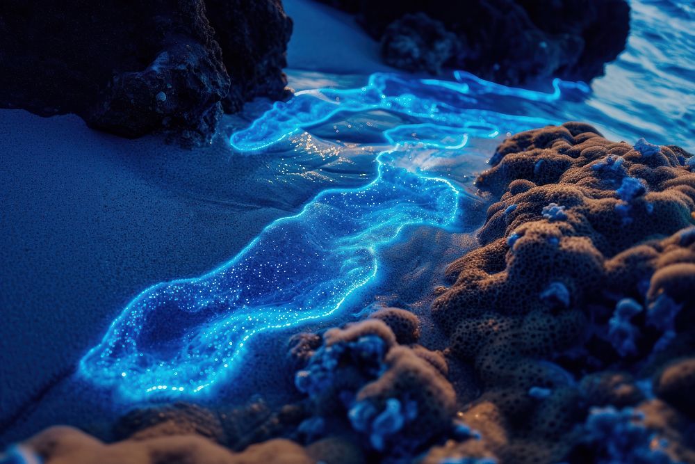 Bioluminescence coral reef outdoors nature beach.