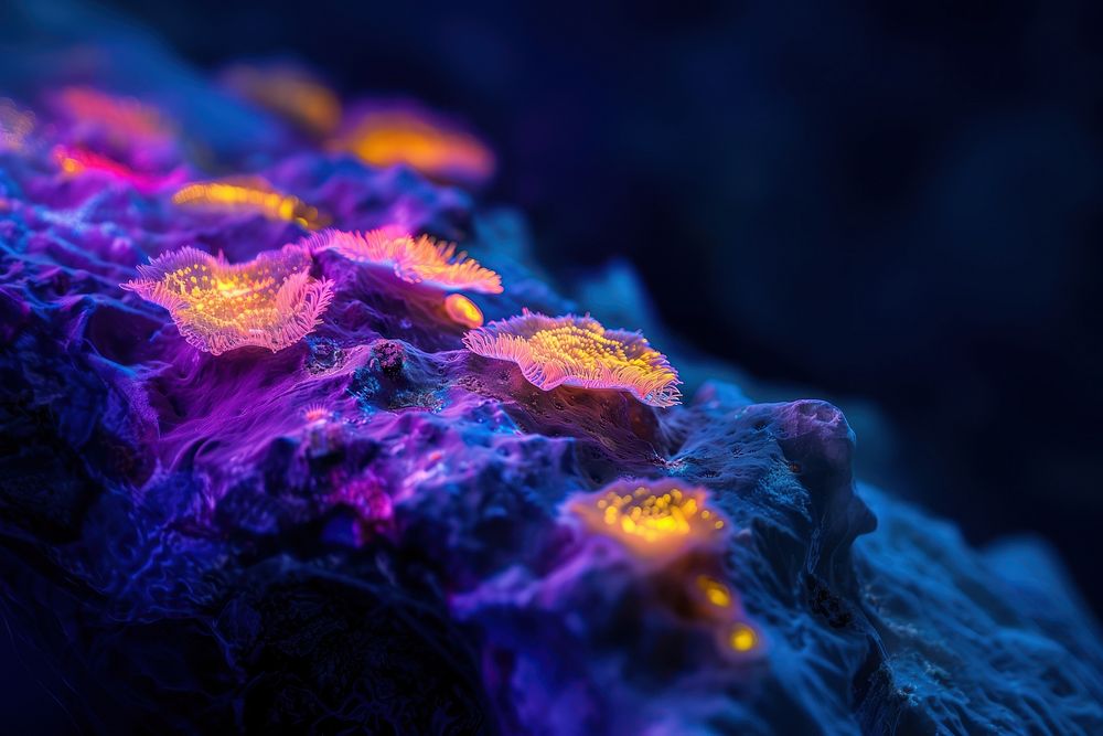 Bioluminescence coral reef outdoors nature purple.
