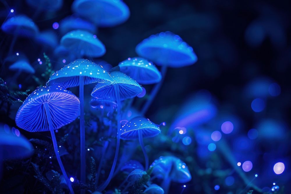 Bioluminescence biodiversity background fungus plant blue.