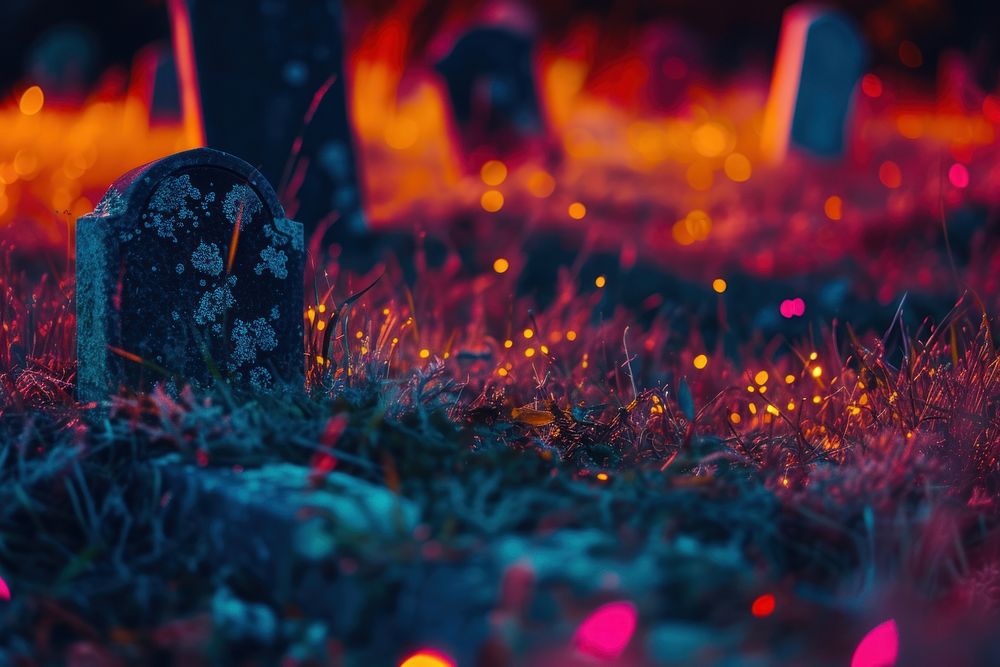 Bioluminescence graveyard background tombstone outdoors cemetery.
