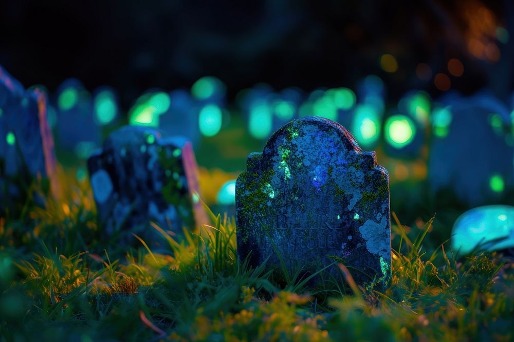 Bioluminescence graveyard background tombstone outdoors light.
