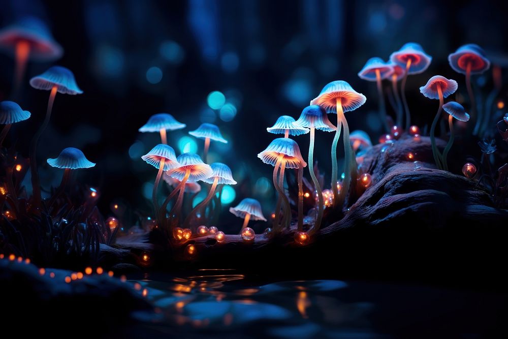 Bioluminescence fungi kingdom mushroom outdoors nature.