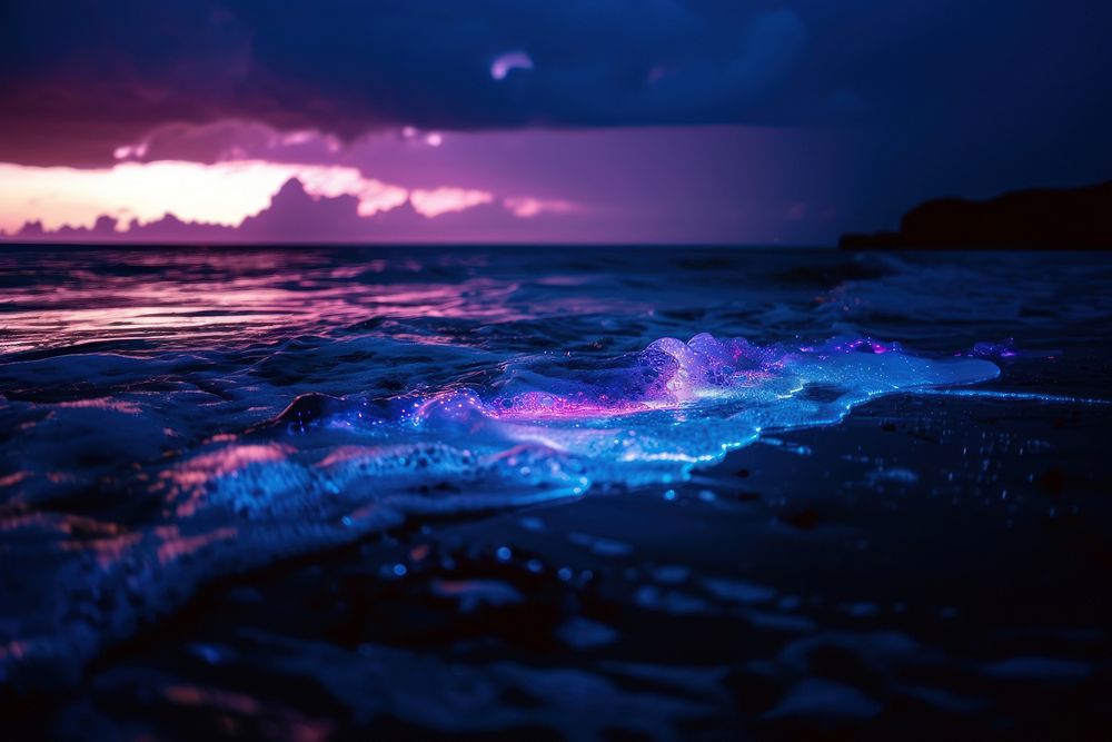 Bioluminescence ocean landscape outdoors horizon.