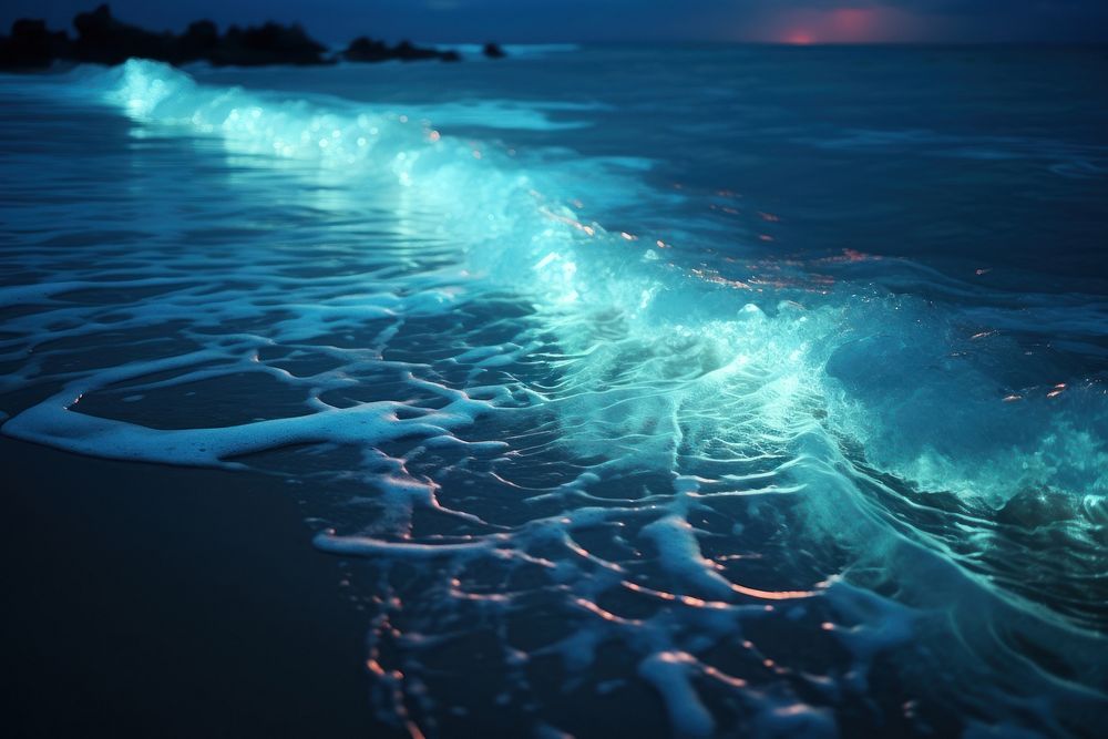Bioluminescence ocean outdoors nature beach.