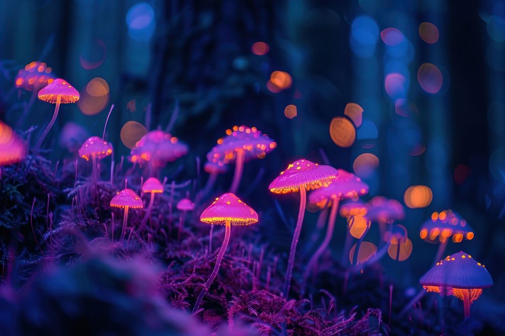 Bioluminescence nature background mushroom outdoors fungus.