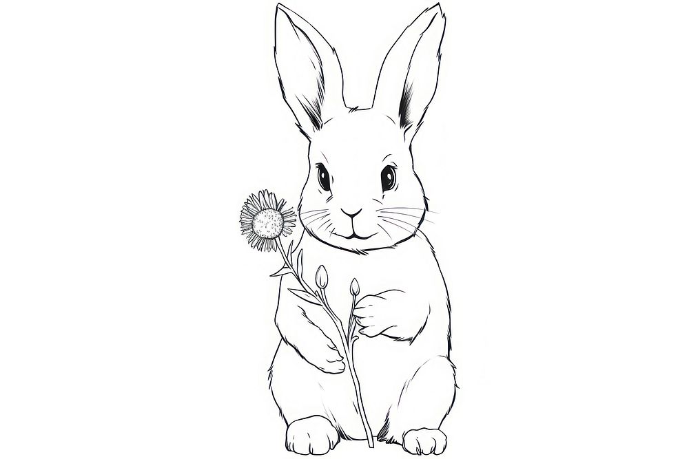 Rabbit holding flower sketch outline drawing.