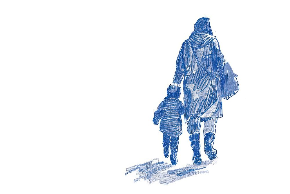 Mother walking with child drawing sketch blue.