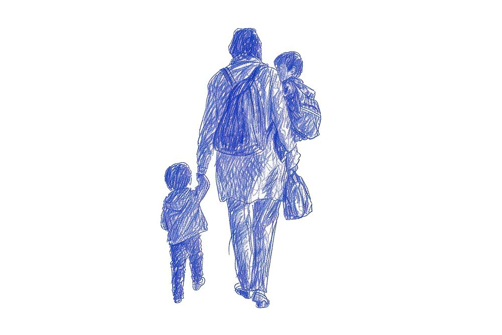 Mother walking with child drawing sketch adult.