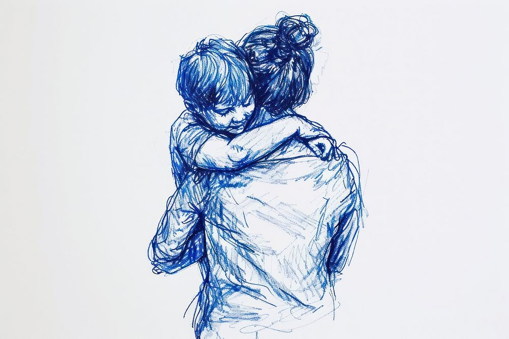 Mother hugging child drawing sketch adult.