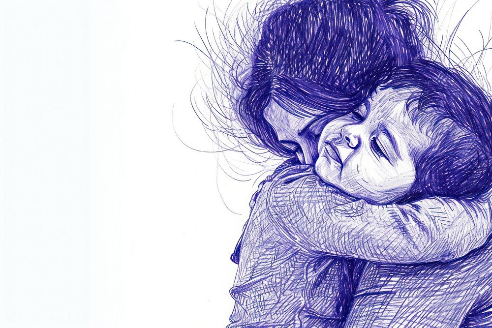 Mother hugging child drawing sketch illustrated.