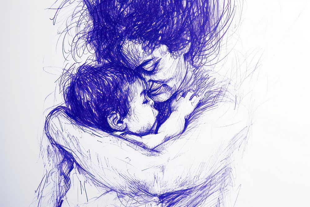 Mother hugging child drawing sketch art.
