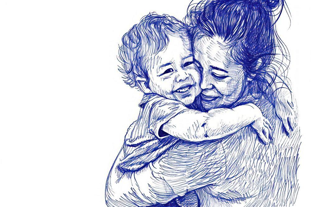 Mother hugging child drawing sketch baby.