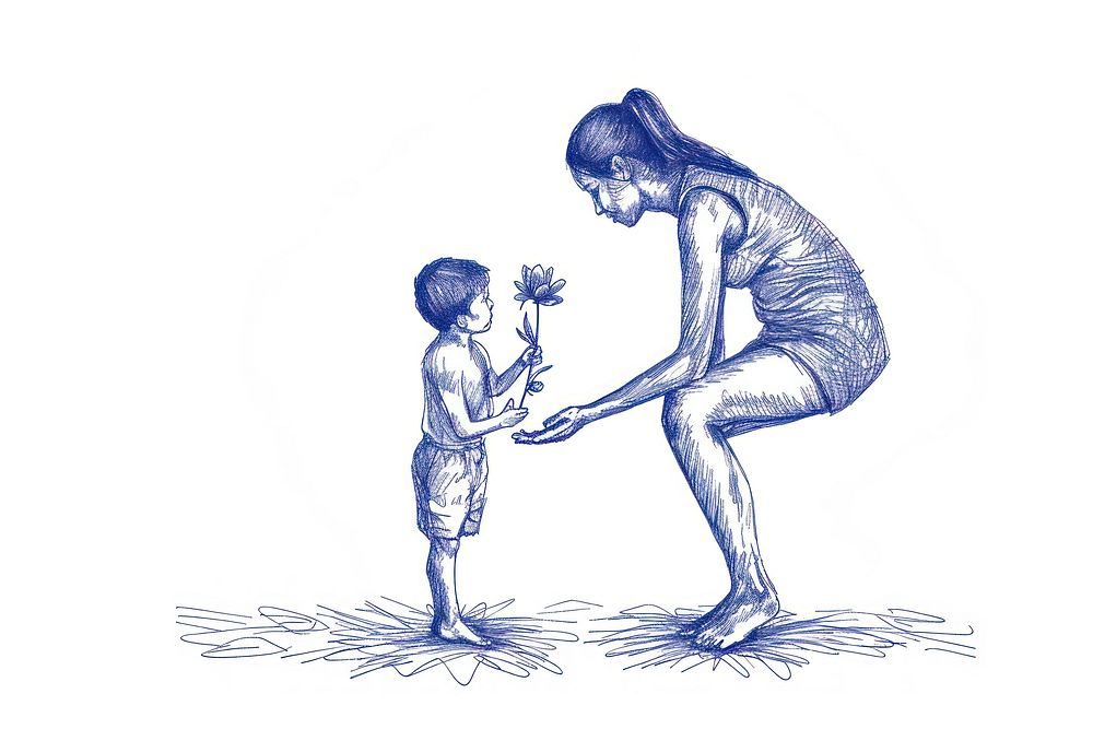 Son giving flower to mom drawing sketch togetherness.
