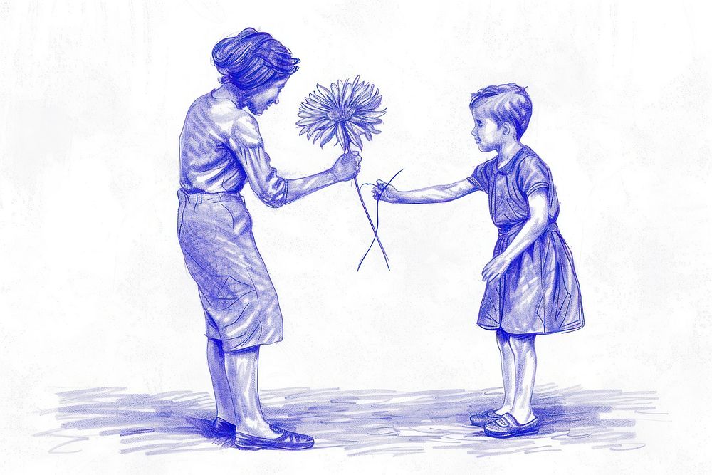 Son giving flower to mom drawing sketch adult.