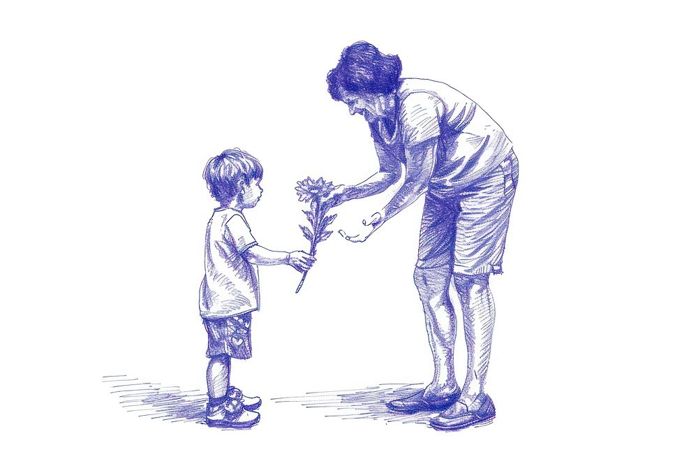 Son giving flower to mom drawing sketch adult.