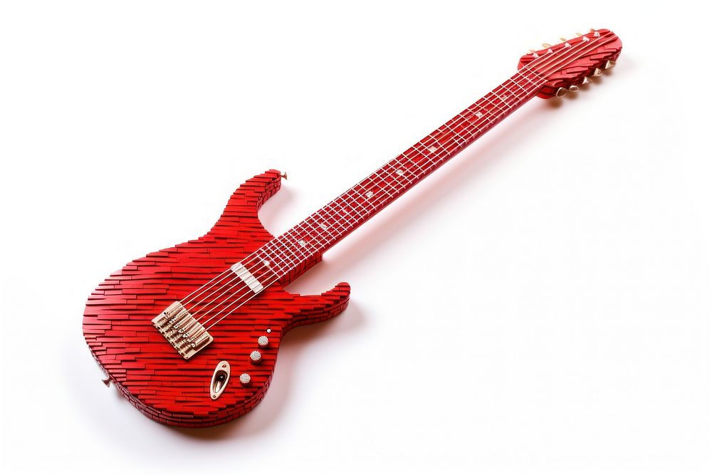 3D pixel art guitar red white background fretboard.