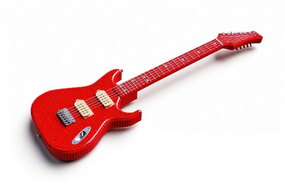 3D pixel art guitar red white background fretboard.