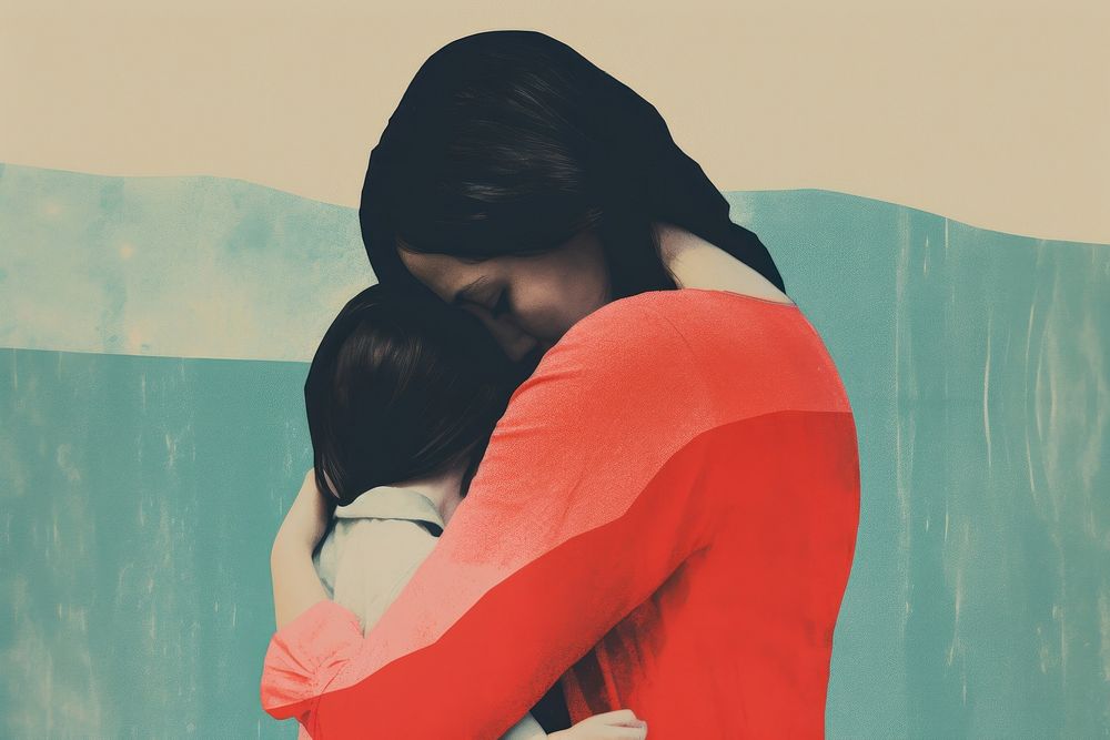 Mother hugging child adult back affectionate.