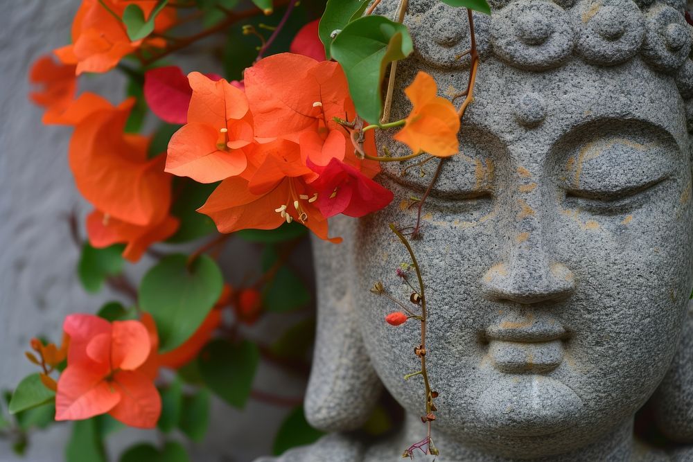 Stone Buddha sculpture flower plant leaf.