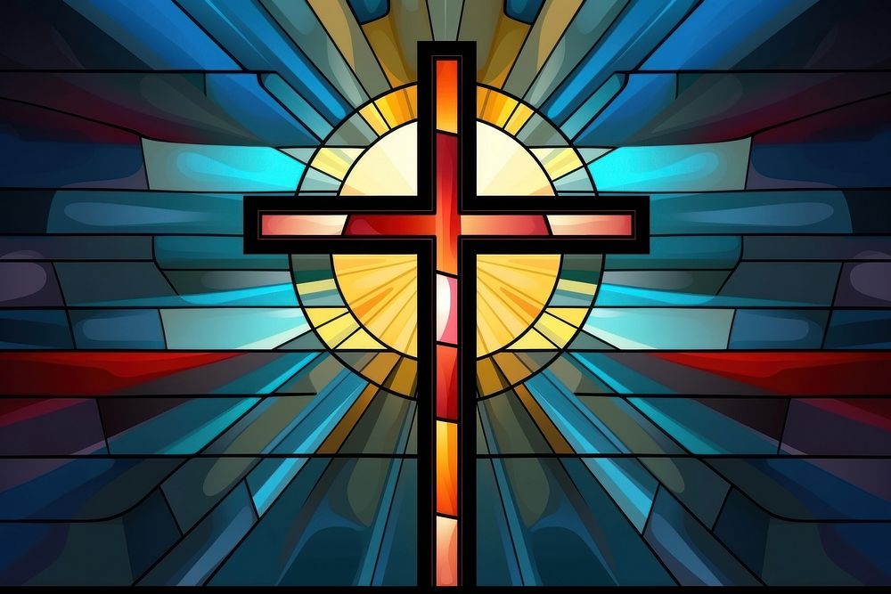 Stained glass window with Christian cross symbol architecture building.