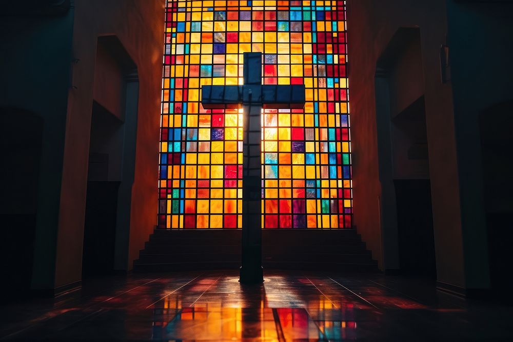 Stained glass window with Christian cross symbol spirituality architecture.
