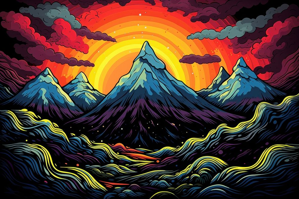 Submit mountain in the style of graphic novel painting art pattern.
